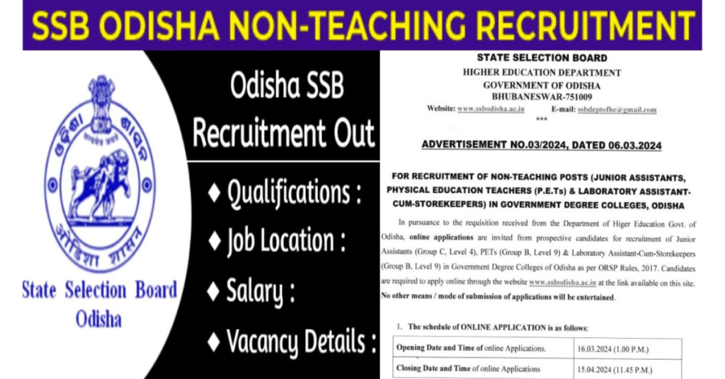 Odisha SSB Non-Teaching Staff Recruitment 2024 Apply Online | JA, PET & Store Keeper Posts 10th,+2,+3 Pass